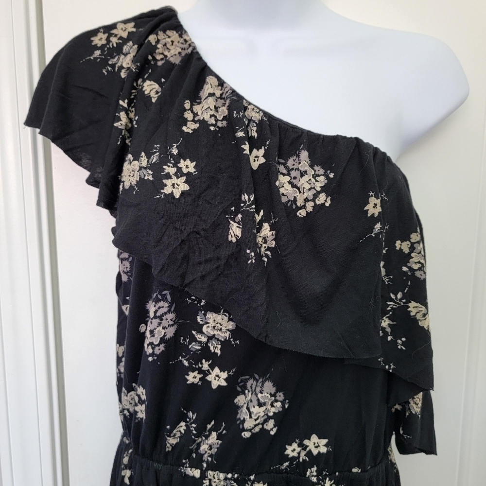 NWT Lucky Brand One Shoulder Ruffled Black Floral Dress Knee Length Size Small - Picture 4 of 13